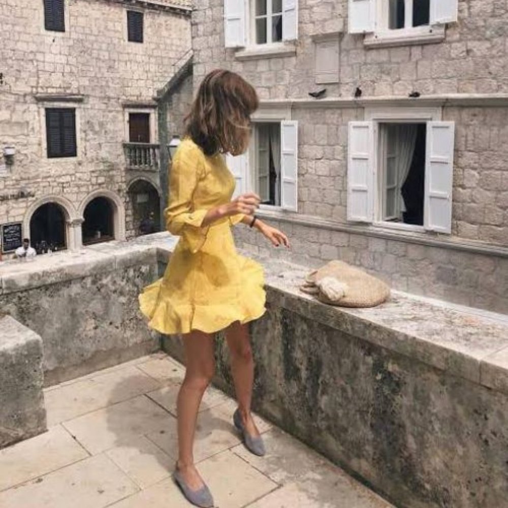 Realisation Par The Mary Jane - Sunflower Yellow Silk Mini Dress Long Sleeve XS